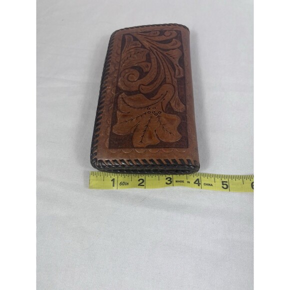 Tooled Brown Leather Unisex Money Wallet Card Checkbook Holder Floral Acorns Vtg - Picture 7 of 7